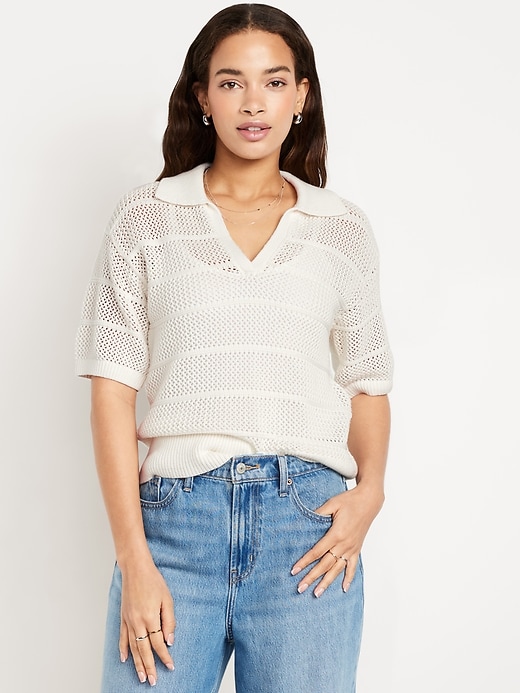 Image number 1 showing, Open-Stitch Polo Sweater