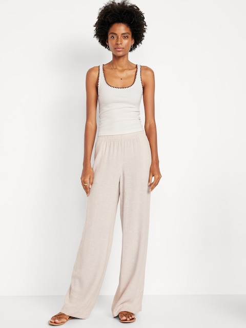 Pantalon à jambe large en mélange de lin taille haute