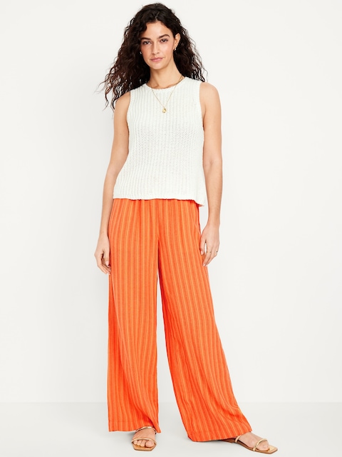 Pantalon à jambe très large en mélange de lin taille haute