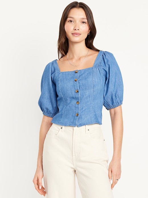 Image number 1 showing, Button-Down Puff-Sleeve Top