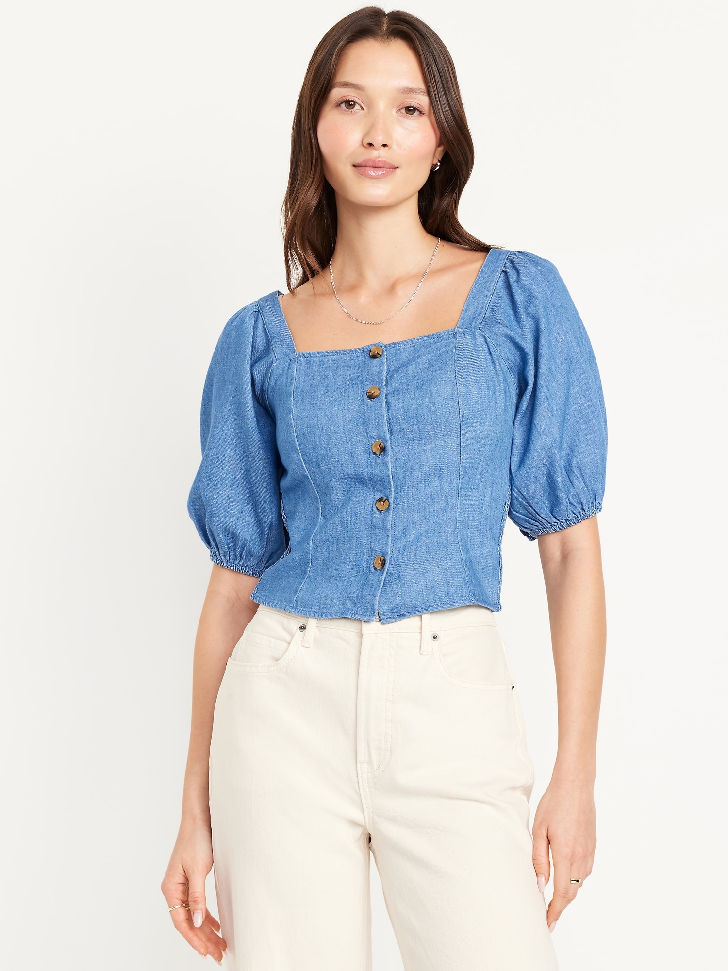 Button-Down Puff-Sleeve Top