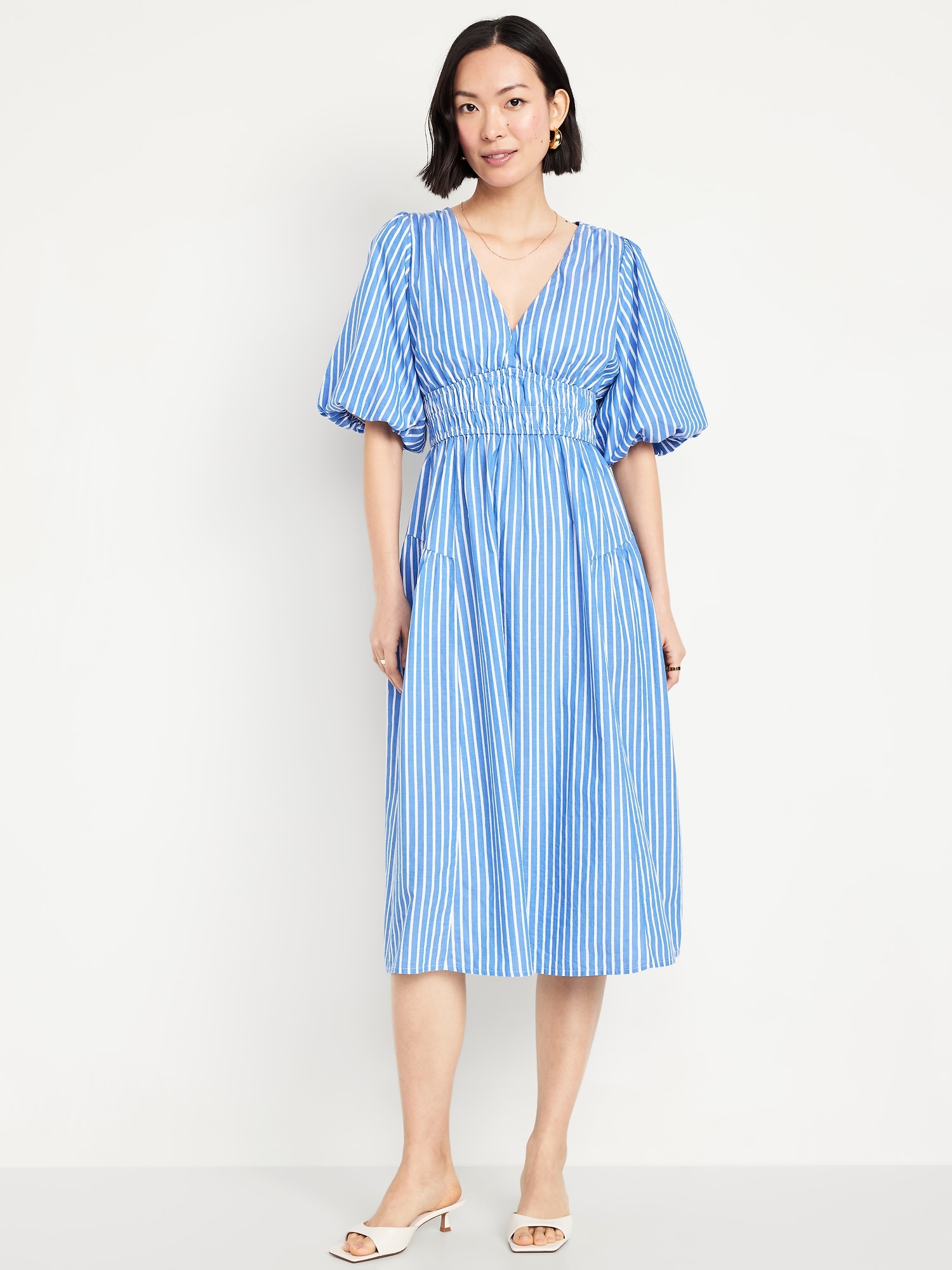 Waist-Defined Puff-Sleeve Midi Dress