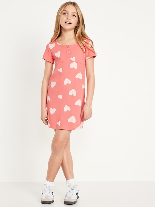 View large product image 1 of 4. Printed Short-Sleeve Ribbed Henley Dress for Girls