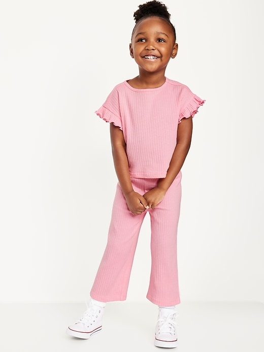 View large product image 1 of 2. Ribbed Ruffle-Trim Top and Wide-Leg Pants Set for Toddler Girls