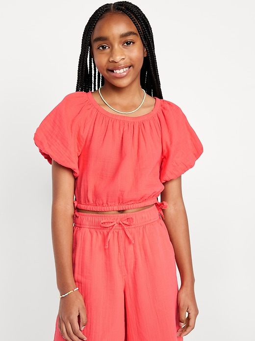 View large product image 1 of 3. Cropped Short Puff-Sleeve Double-Weave Top for Girls