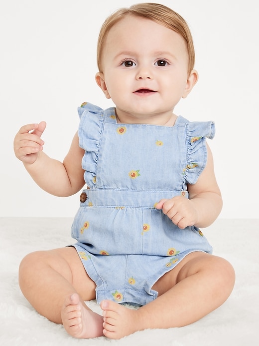 View large product image 1 of 3. Printed Ruffle-Trim Chambray Shortalls for Baby