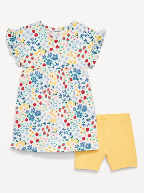Printed Flutter-Sleeve Dress and Biker Shorts Set for Toddler Girls