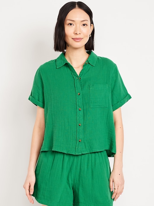 Image number 1 showing, Crinkle Gauze Loose Button-Down Shirt