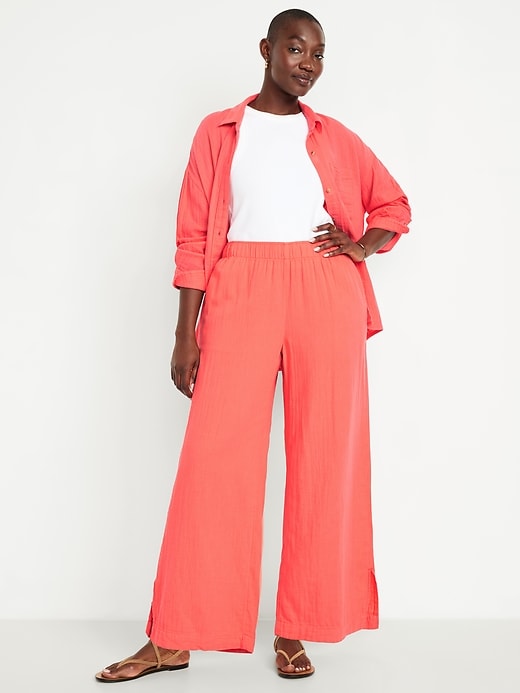 Image number 4 showing, High-Waisted Crinkle Gauze Wide-Leg Pants