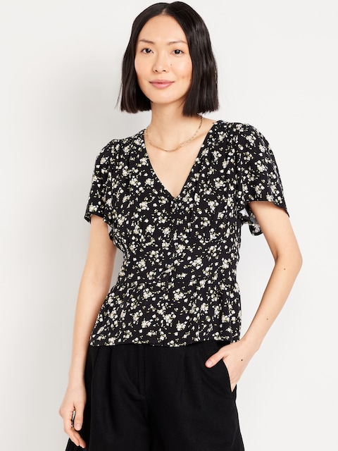 V-Neck Button-Down Crepe Top