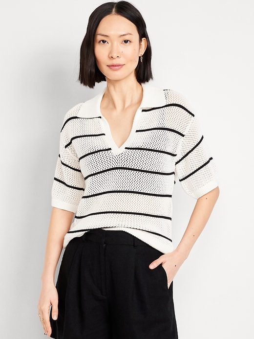 Image number 1 showing, Open-Stitch Polo Sweater