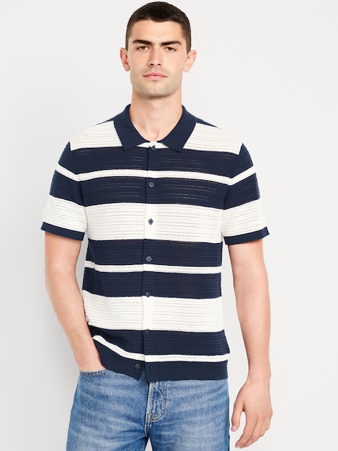 Button-Front Open-Stitch Sweater