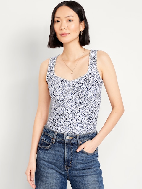 Ribbed Cinched-Front Tank Top - Blue