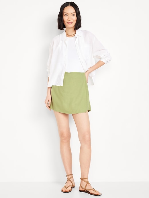 Image number 1 showing, High-Waisted Faux-Wrap Linen-Blend Mini Skort