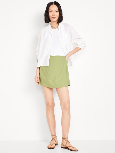 Jupe-short portefeuille courte en mélange de lin à taille haute