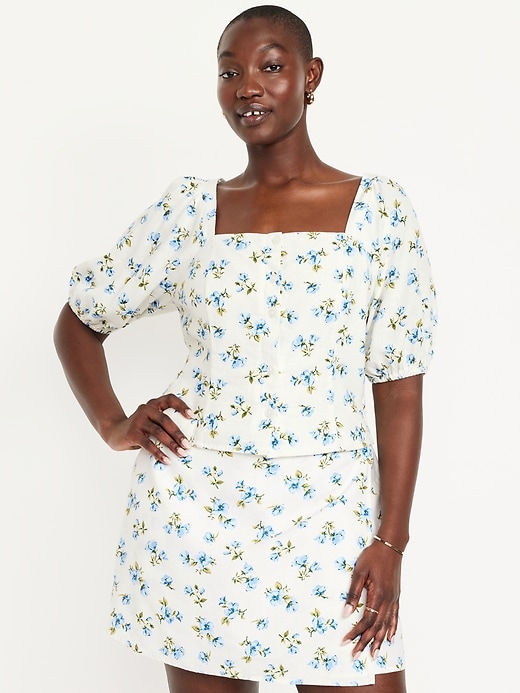 Image number 5 showing, Puff-Sleeve Linen-Blend Floral Top