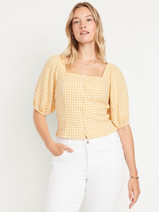 Image number 5 showing, Puff-Sleeve Linen-Blend Gingham Top