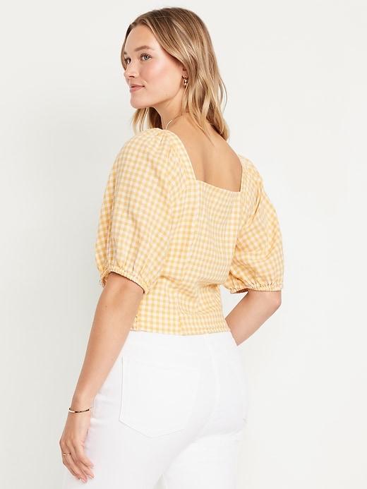 Image number 6 showing, Puff-Sleeve Linen-Blend Gingham Top