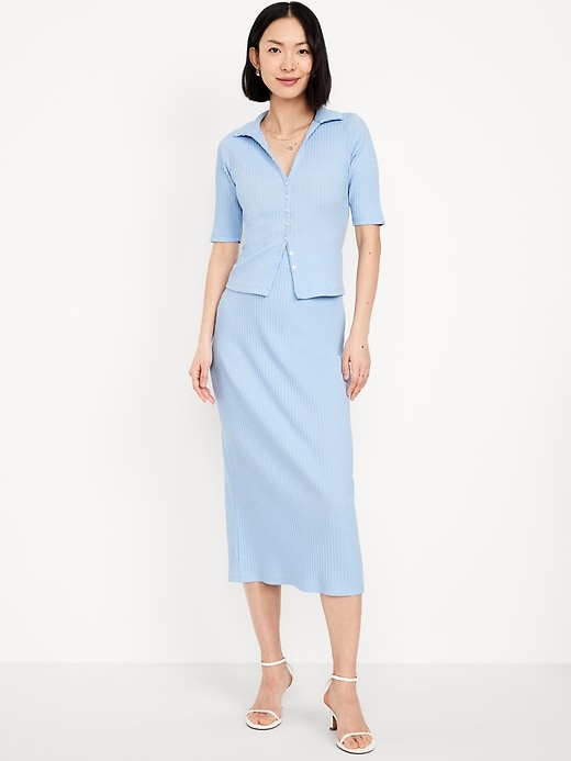 Image number 1 showing, High-Waisted Ribbed Midi Skirt