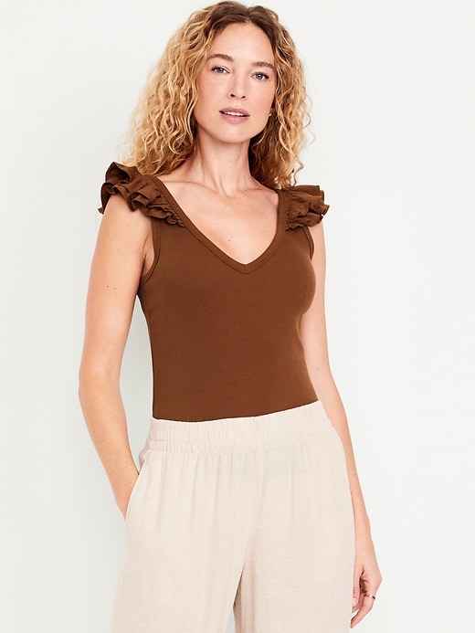 Image number 1 showing, Ruffle-Trim Mixed Material Top