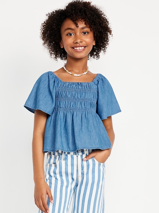 View large product image 1 of 3. Flutter-Sleeve Chambray Smocked Top for Girls