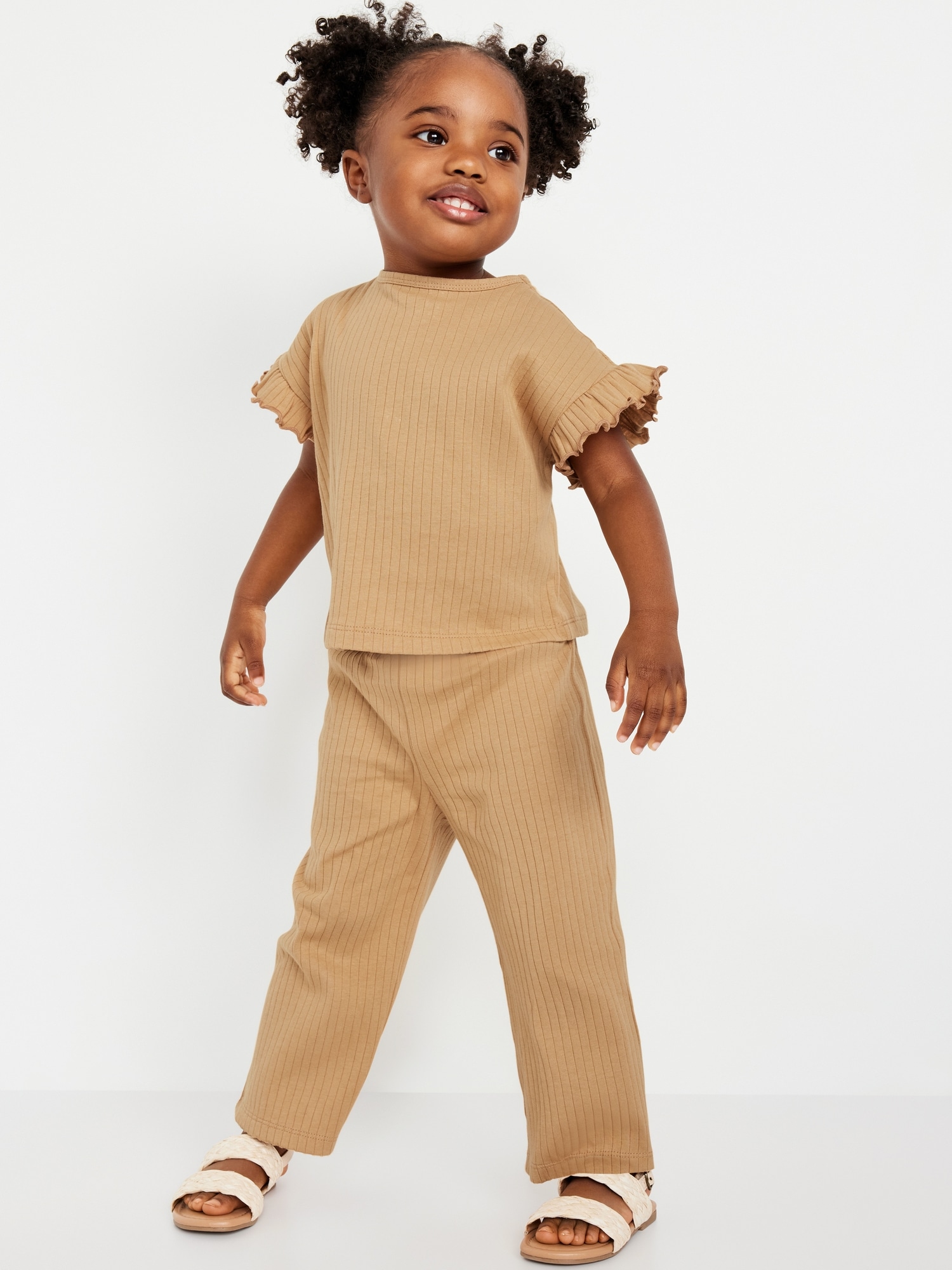 Ribbed Ruffle-Trim Top and Wide-Leg Pants Set for Toddler Girls