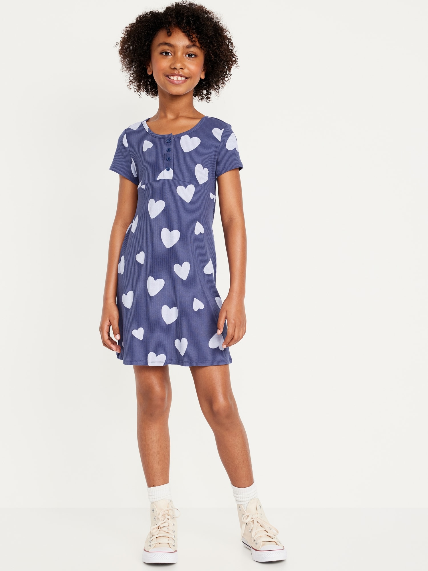 Printed Short-Sleeve Ribbed Henley Dress for Girls