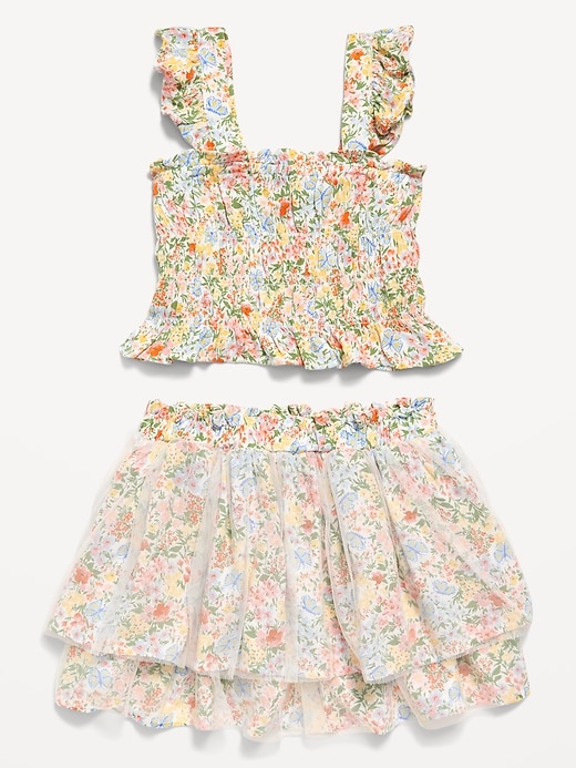 View large product image 1 of 3. Printed Sleeveless Smocked Top and Tulle Skirt Set for Toddler Girls