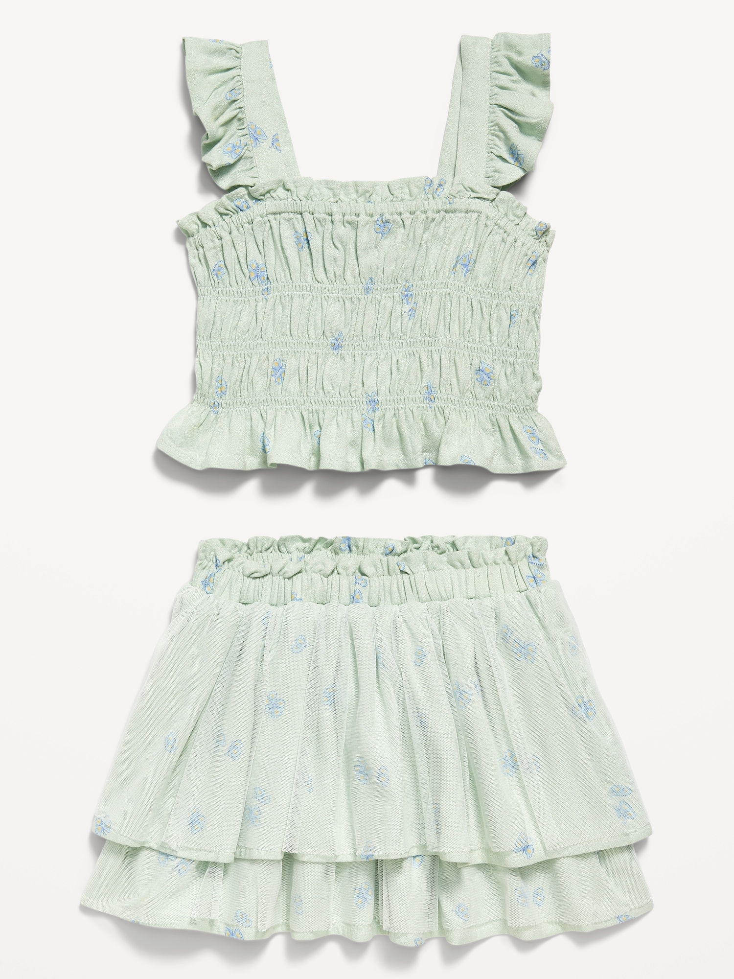 Printed Sleeveless Smocked Top and Tulle Skirt Set for Toddler Girls - Green