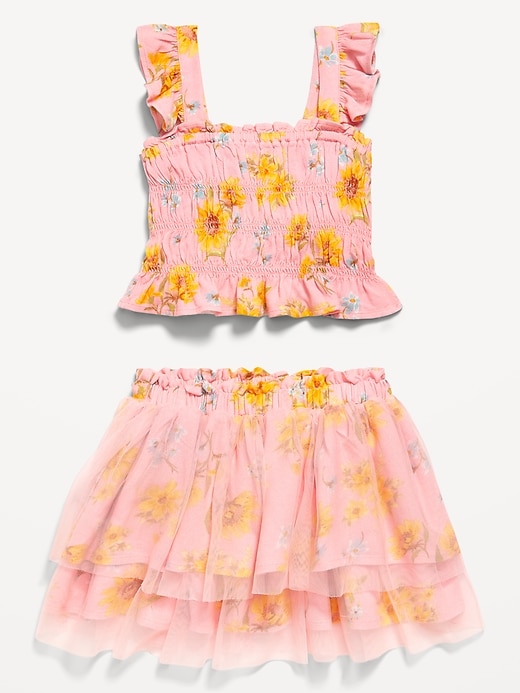 View large product image 1 of 3. Printed Sleeveless Smocked Top and Tulle Skirt Set for Toddler Girls