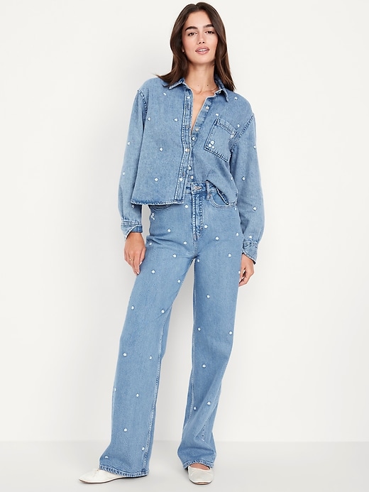 Image number 1 showing, Extra High-Waisted Embroidered Wide-Leg Jeans