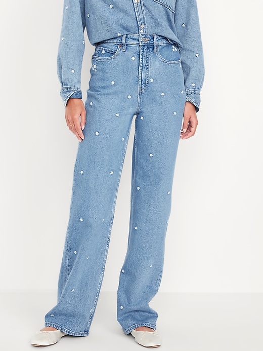 Image number 2 showing, Extra High-Waisted Embroidered Wide-Leg Jeans