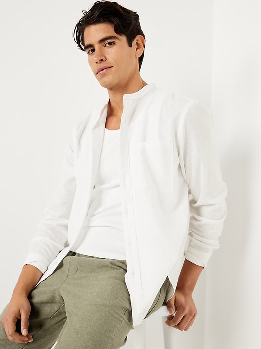 Image number 6 showing, Banded-Collar Linen-Blend Shirt