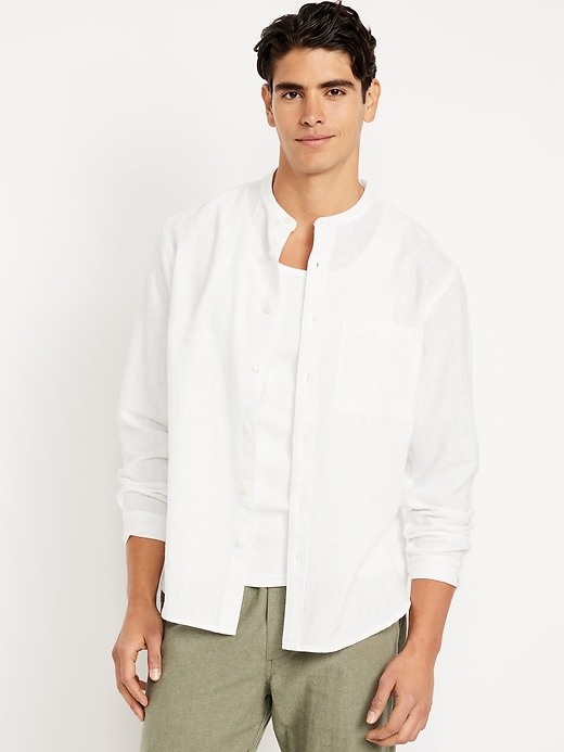 Image number 1 showing, Banded-Collar Linen-Blend Shirt