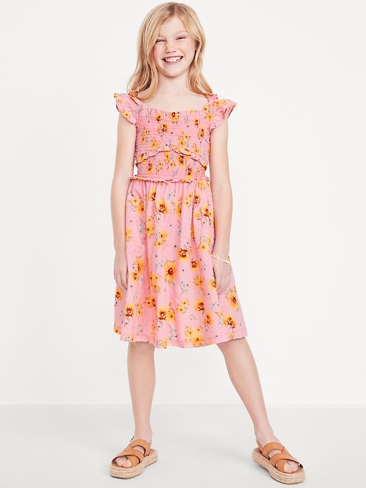 View large product image 1 of 3. Printed Flutter-Sleeve Smocked Fit and Flare Dress for Girls