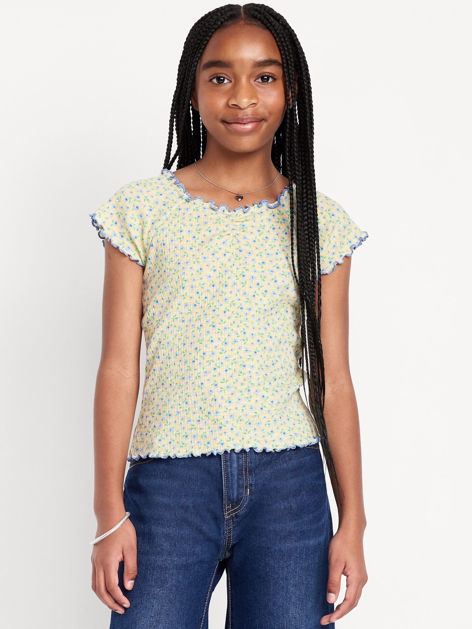 Fitted Ribbed Ruffle-Trim Top for Girls