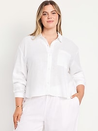 Linen-Blend Button-Down Crop Shirt