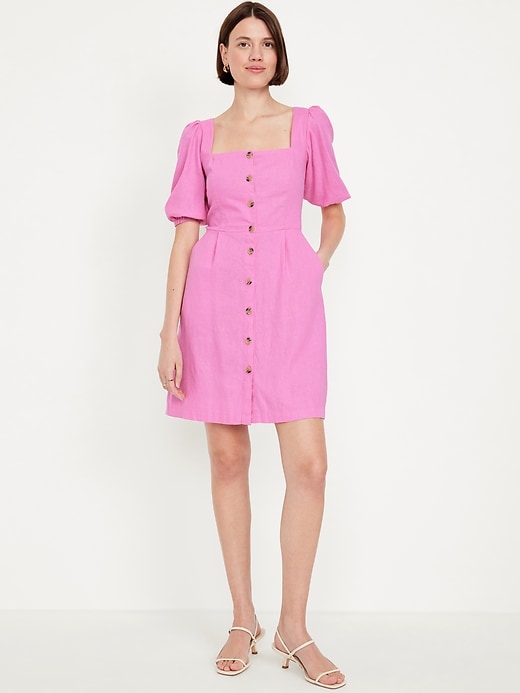 Image number 1 showing, Puff-Sleeve Linen-Blend Mini Dress