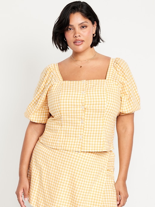 Image number 7 showing, Puff-Sleeve Linen-Blend Gingham Top