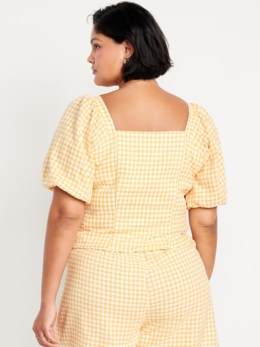 Image number 8 showing, Puff-Sleeve Linen-Blend Gingham Top