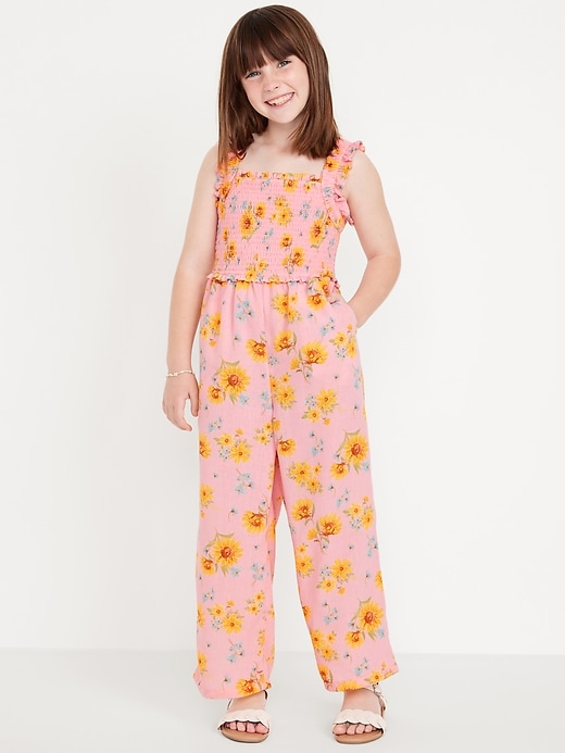 View large product image 1 of 3. Sleeveless Smocked Ruffle-Trim Jumpsuit for Girls