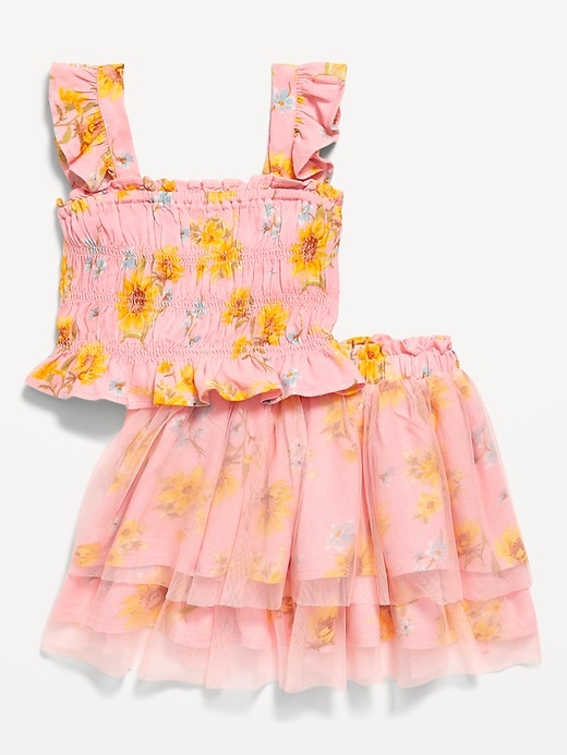 Image number 3 showing, Printed Sleeveless Smocked Top and Tulle Skirt Set for Toddler Girls