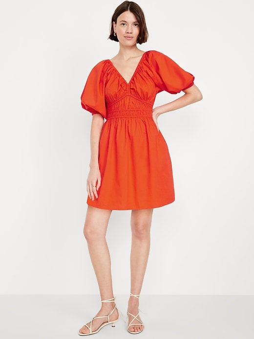 Image number 1 showing, Waist-Defined Puff-Sleeve Mini Dress