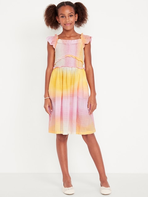 Robe ajustée et évasée smockée à manches flottantes à motifs pour fille