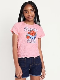 Image number 1 showing, Short-Sleeve Smocked Graphic Top for Girls