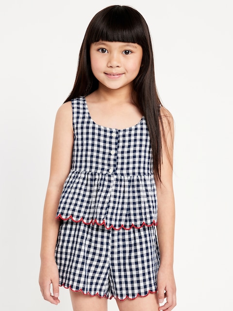 Printed Sleeveless Button-Front Double-Weave Top for Girls