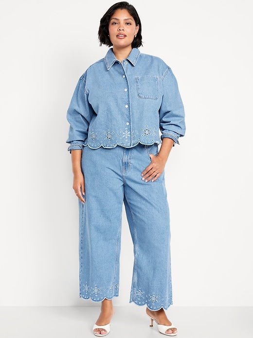 Image number 6 showing, High-Waisted Baggy Wide-Leg Eyelet Ankle Jeans