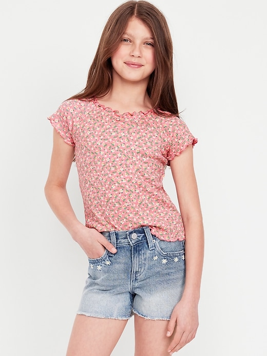 View large product image 1 of 1. Fitted Ribbed Ruffle-Trim Top for Girls