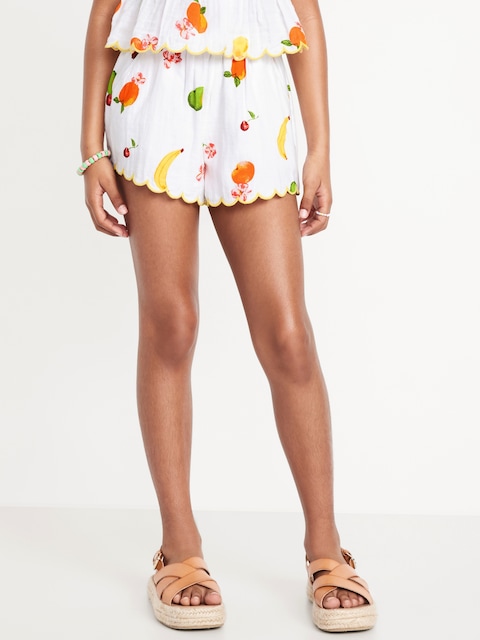 Printed Double-Weave Scallop-Trim Shorts for Girls