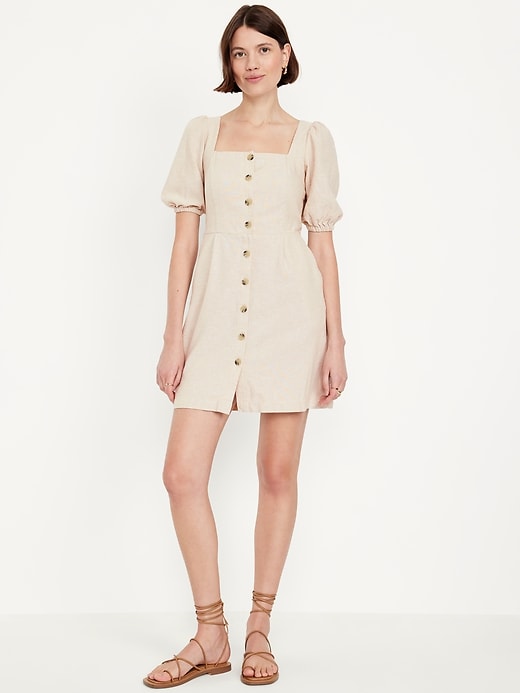 Image number 1 showing, Puff-Sleeve Linen-Blend Mini Dress